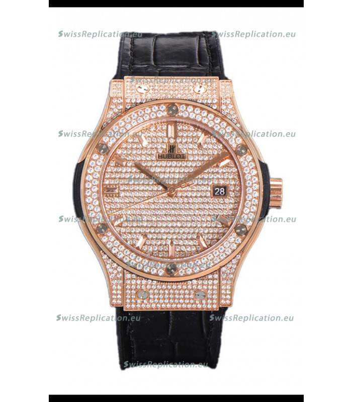 Hublot Classic Fusion Automatic Rose Gold Diamonds Paved Dial Black Strap 42MM Superclone Replica Watch 
