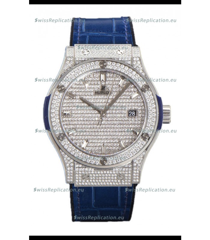 Hublot Classic Fusion Automatic Steel Diamonds Paved Dial Blue Strap 42MM Superclone Replica Watch 