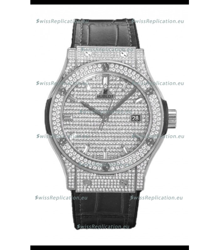 Hublot Classic Fusion Automatic Steel Diamonds Paved Dial Grey Strap 42MM Superclone Replica Watch 