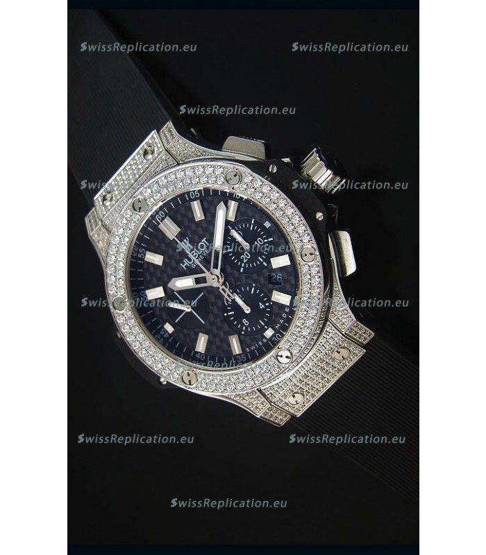 Hublot Big Bang Carbon Dial Diamonds Studded Stainless Steel Swiss Watch 