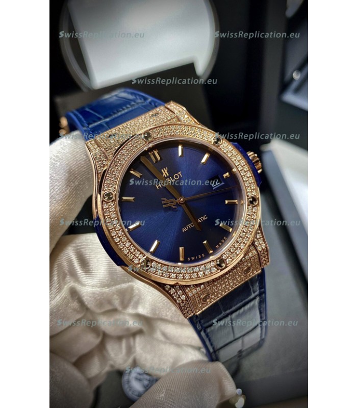 Hublot Classic Fusion Diamonds Rose Gold Steel Blue Dial Swiss Replica Watch 1:1 Mirror Quality