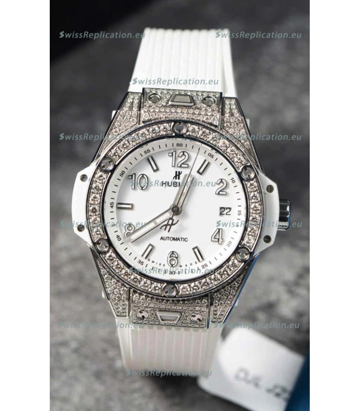 Hublot Big Bang One Click Mossanites Paved Casing Swiss Replica Watch White Dial