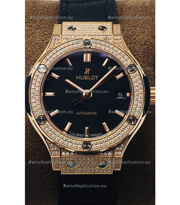 Hublot Classic Fusion Diamonds Rose Gold Black Dial 38MM Swiss Replica Watch 1:1 Mirror Quality
