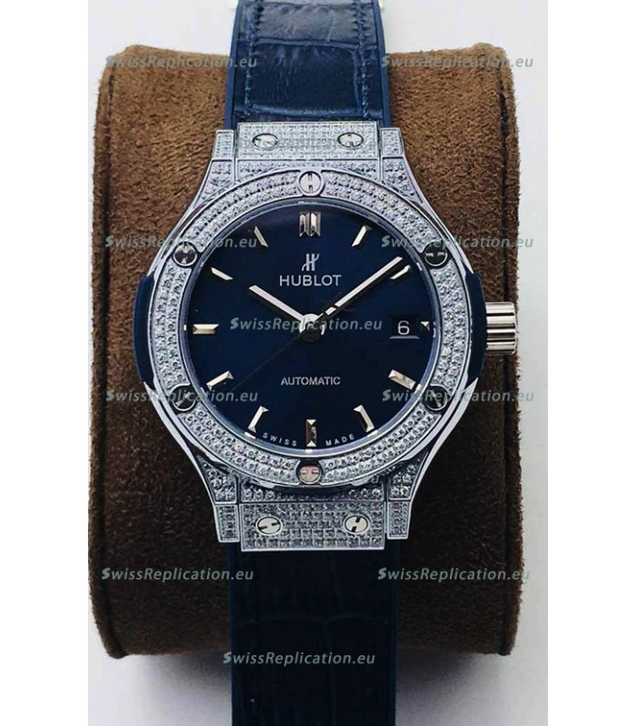 Hublot Classic Fusion Diamonds Steel Blue Dial 38MM Swiss Replica Watch 1:1 Mirror Quality
