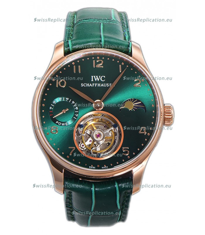 IWC Portugese Hand-Wound Genuine Tourbillon Green Dial Rose Gold Casing Swiss Replica Watch 