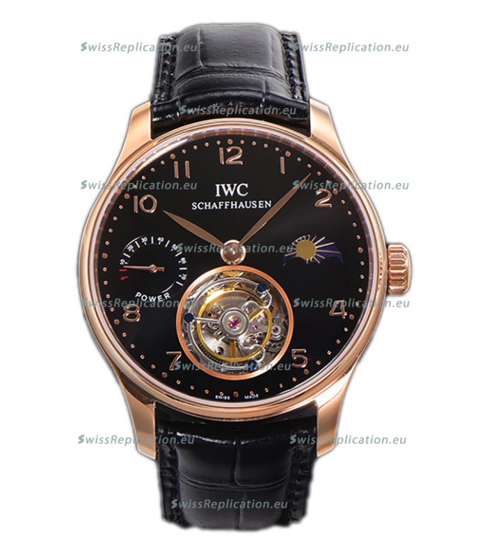 IWC Portugese Hand-Wound Genuine Tourbillon Black Dial Rose Gold Casing Swiss Replica Watch 