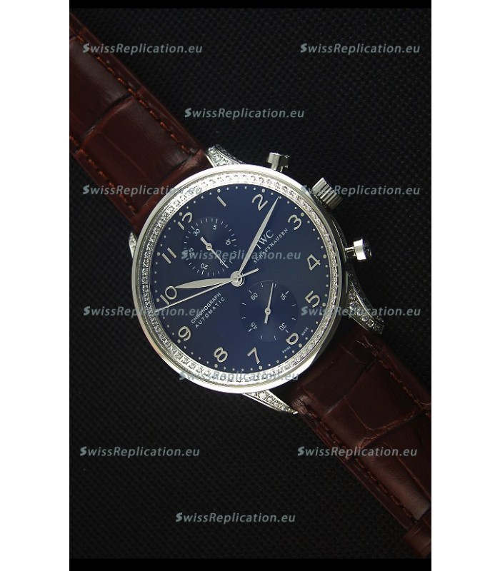 IWC Portuguese Chronograph Black Dial Brown Strap with Diamonds 1:1 Mirror Replica Watch