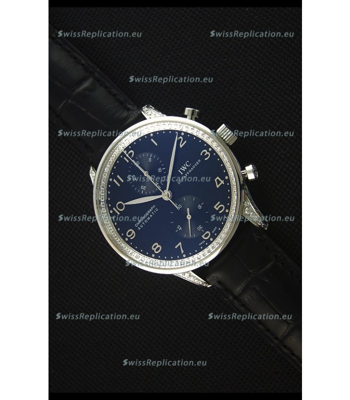 IWC Portuguese Chronograph Black Dial/Strap with Diamonds 1:1 Mirror Replica Watch