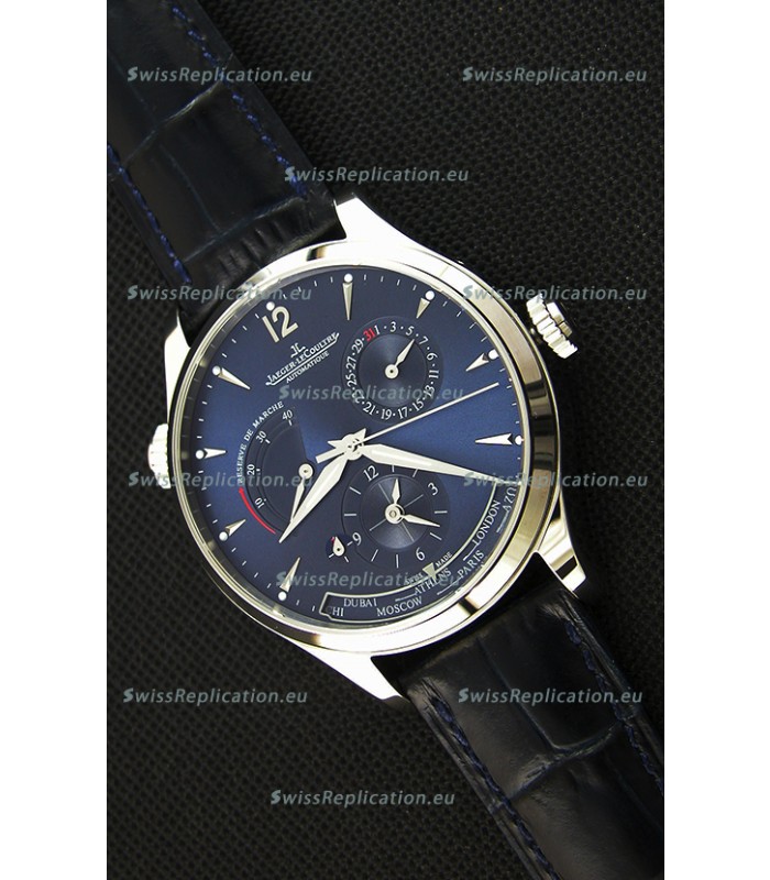Jaeger LeCoultre Master Geographic Power Reserve Steel Case Steel Blue Dial Swiss Replica Watch 
