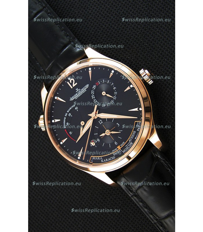 Jaeger LeCoultre Master Geographic Power Reserve Pink Gold Black Dial Swiss Replica Watch 