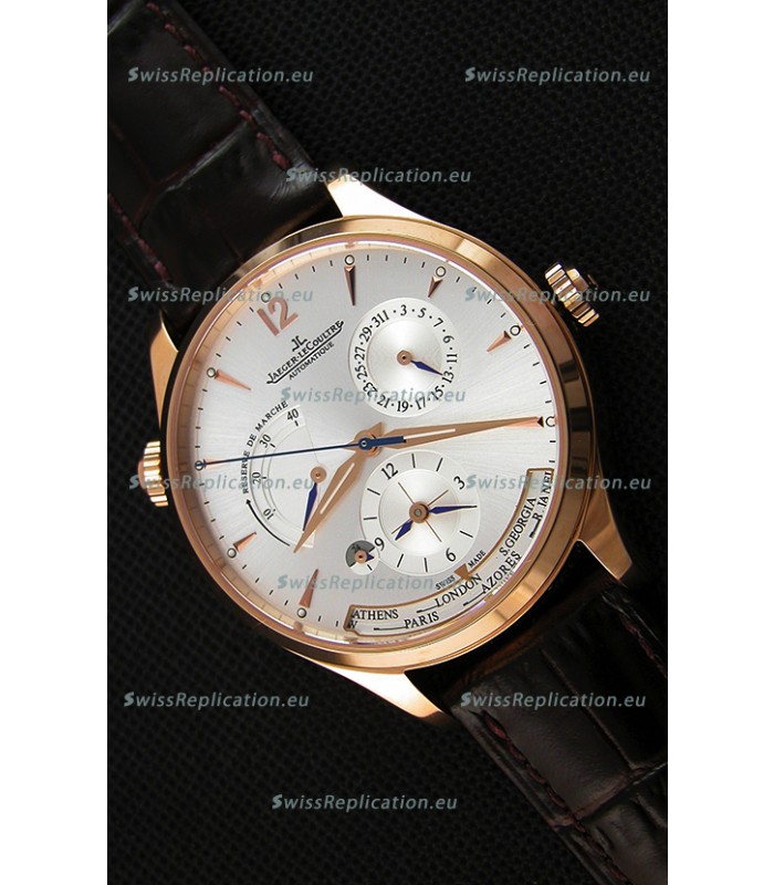 Jaeger LeCoultre Master Geographic Power Reserve Pink Gold Steel White Dial Swiss Replica Watch 