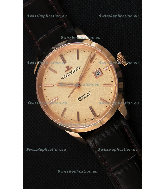 Jaeger LeCoultre Geophysic True Second Pink Gold Swiss Replica Watch Gold Dial 