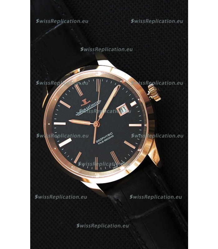 Jaeger LeCoultre Geophysic True Second Pink Gold Swiss Replica Watch Black Dial 