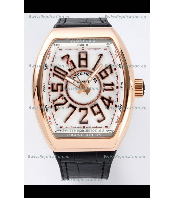 Franck Muller Vanguard Crazy Hours in Rose Gold Plating - White Dial Swiss Replica Watch 