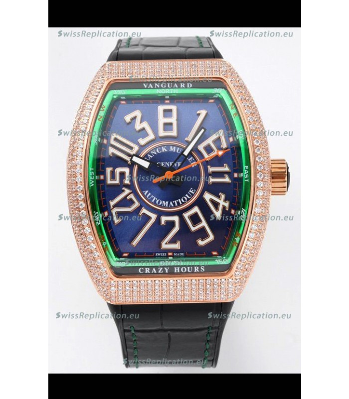 Franck Muller Vanguard Crazy Hours Rose Gold Diamonds - Steel Blue Dial Swiss Replica Watch 