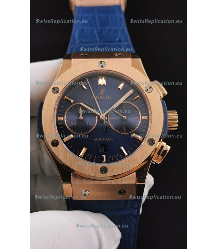 Hublot Classic Fusion Chronograph Rose Gold Casing Blue Dial 1:1 Mirror Replica Watch 