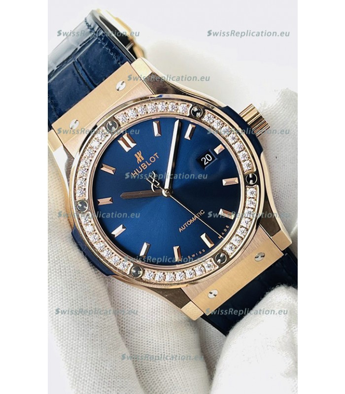 Hublot Classic Fusion Rose Gold Steel Blue Dial Swiss Replica Watch 1:1 Mirror Quality 