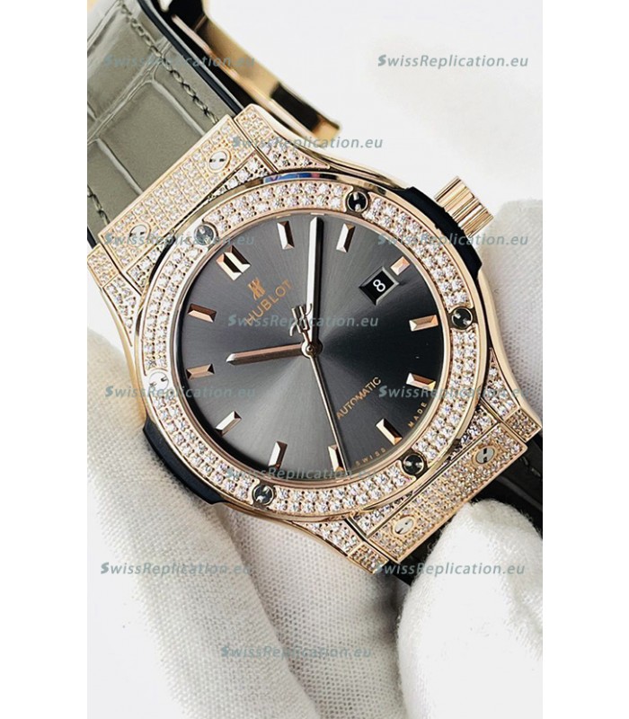 Hublot Classic Fusion Diamonds Rose Gold Grey Dial Swiss Replica Watch 1:1 Mirror Quality 