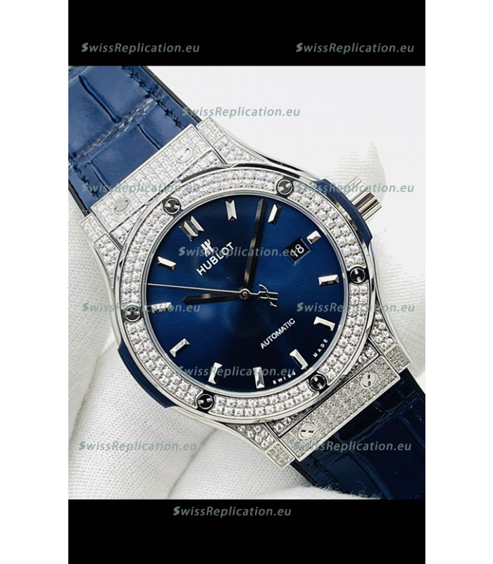 Hublot Classic Fusion Stainless Steel Diamonds Blue Dial Swiss Replica Watch 1:1 Mirror Quality 