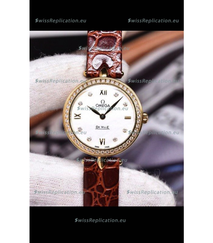 Omega De Ville Prestige Dewdrop Edition Swiss Quartz Watch in Rose Gold Brown Strap
