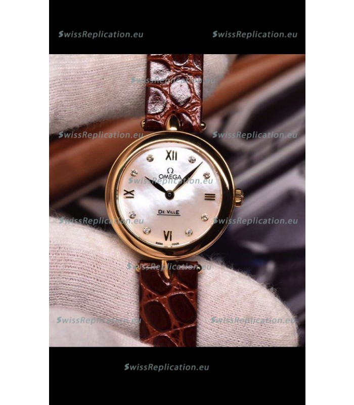 Omega De Ville Prestige Dewdrop Edition Swiss Quartz Watch in Rose Gold Brown Strap