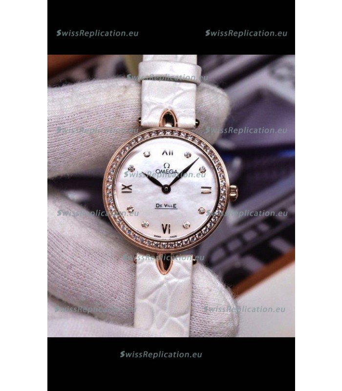 Omega De Ville Prestige Dewdrop Edition Swiss Quartz Watch in Rose Gold White Strap