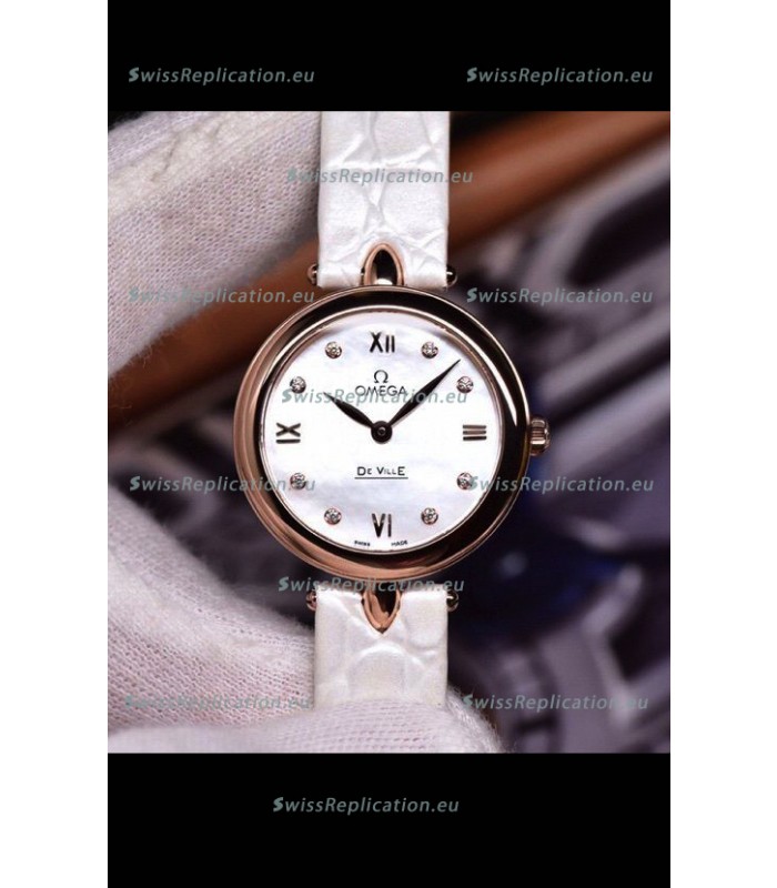 Omega De Ville Prestige Dewdrop Edition Swiss Quartz Watch in Rose Gold White Strap