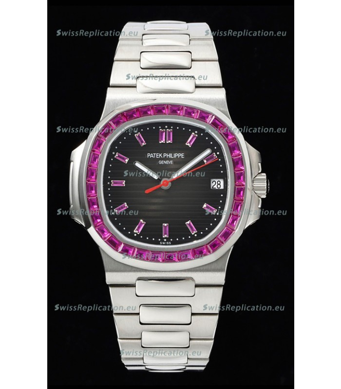 Patek Philippe Nautilus 5711 Black Dial 1:1 Mirror Replica in 904L Steel with Rubies Bezel