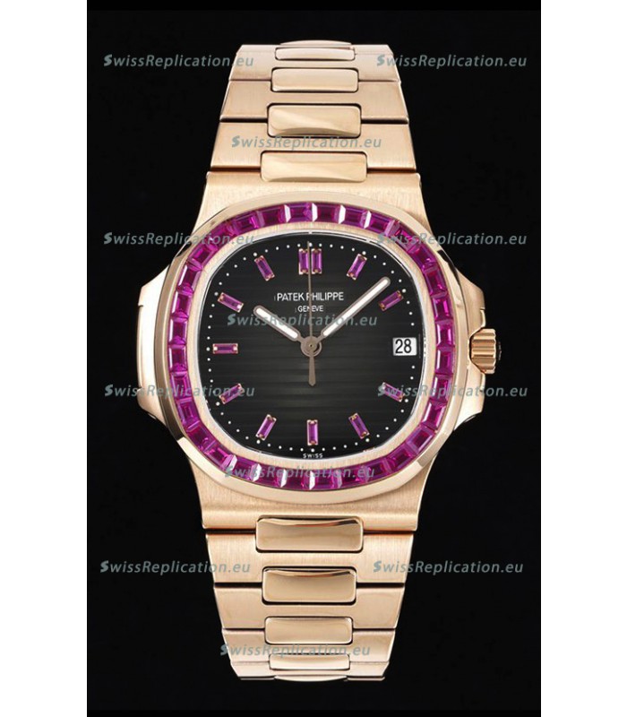 Patek Philippe Nautilus 5711 Black Dial 1:1 Mirror Replica in Rose Gold 904L Steel with Rubies Bezel