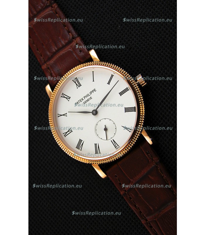 Patek Philippe Calatrava Japanese Mens Watch in Yellow Gold Case Brown Strap