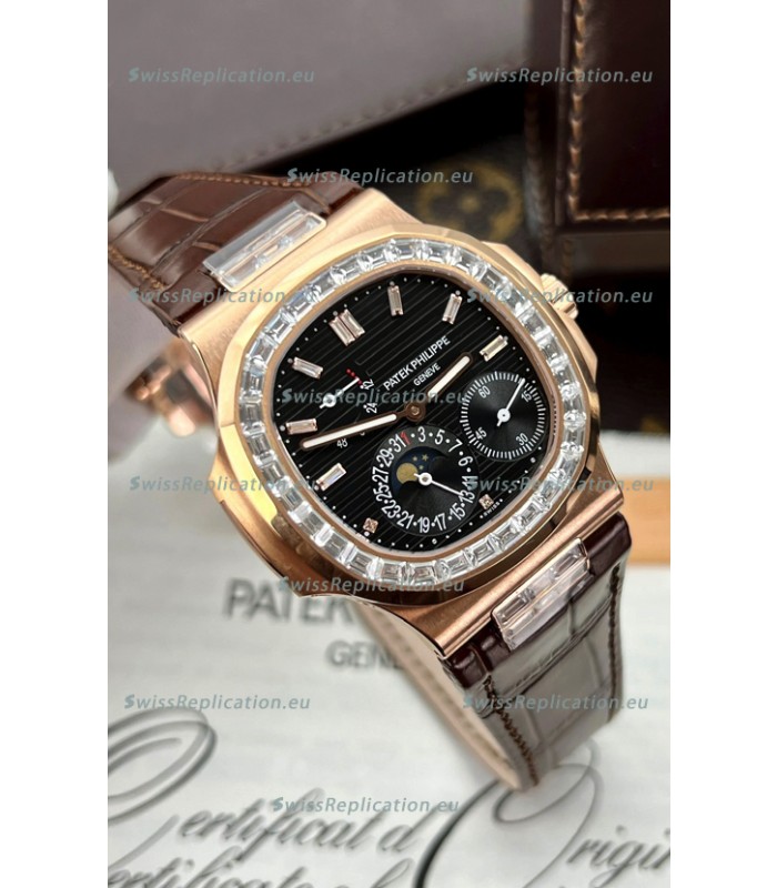 Patek Philippe Nautilus 5712R 1:1 Quality Swiss Replica Watch in Black Dial Brown Strap