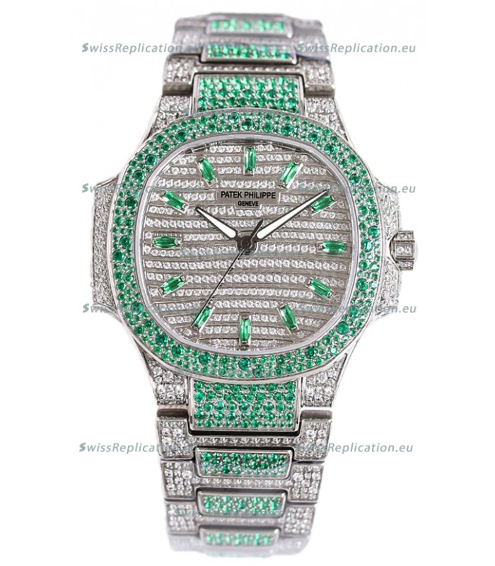 Patek Philippe Nautilus 7118R 35MM 1:1 Green Diamonds Paved Watch in Steel Casing 