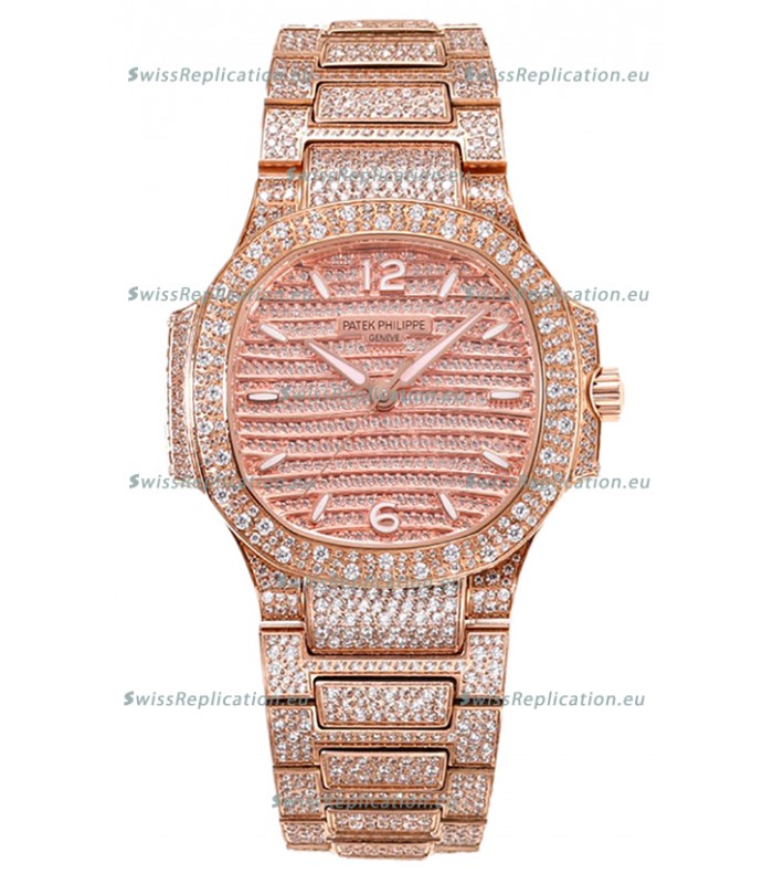 Patek Philippe Nautilus 7118R 35MM 1:1 Diamonds Paved Watch in Rose Gold Casing