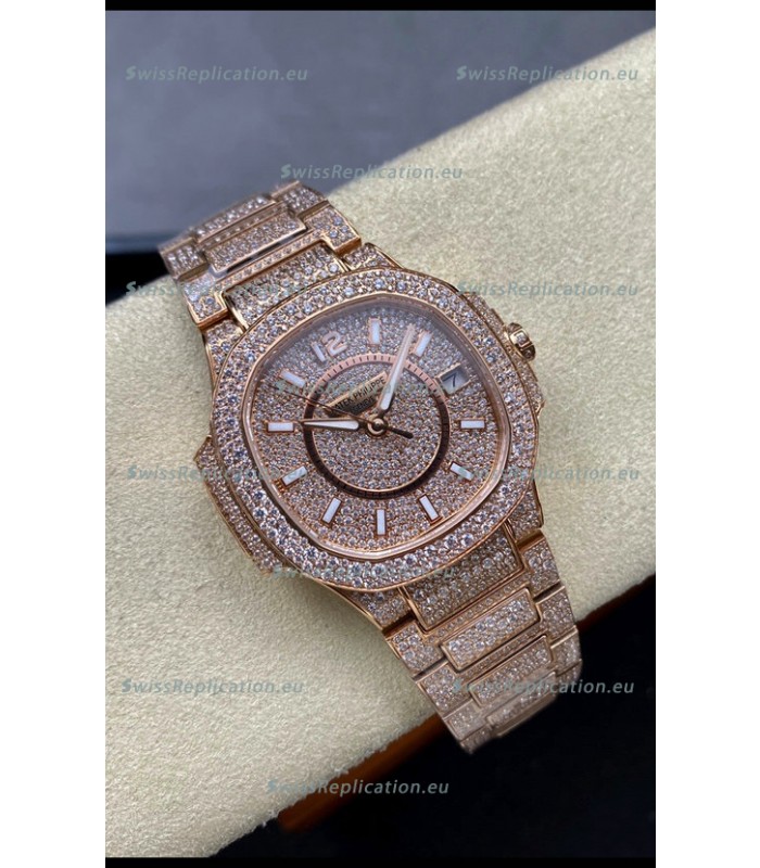 Patek Philippe Nautilus 7010 Diamonds Paved Rose Gold 32MM 1:1 Mirror Replica - Genuine Diamonds