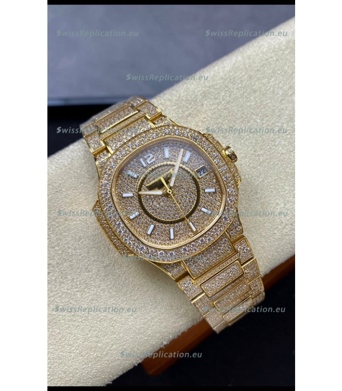 Patek Philippe Nautilus 7010 Diamonds Paved Yellow Gold 32MM 1:1 Mirror Replica - Genuine Diamonds