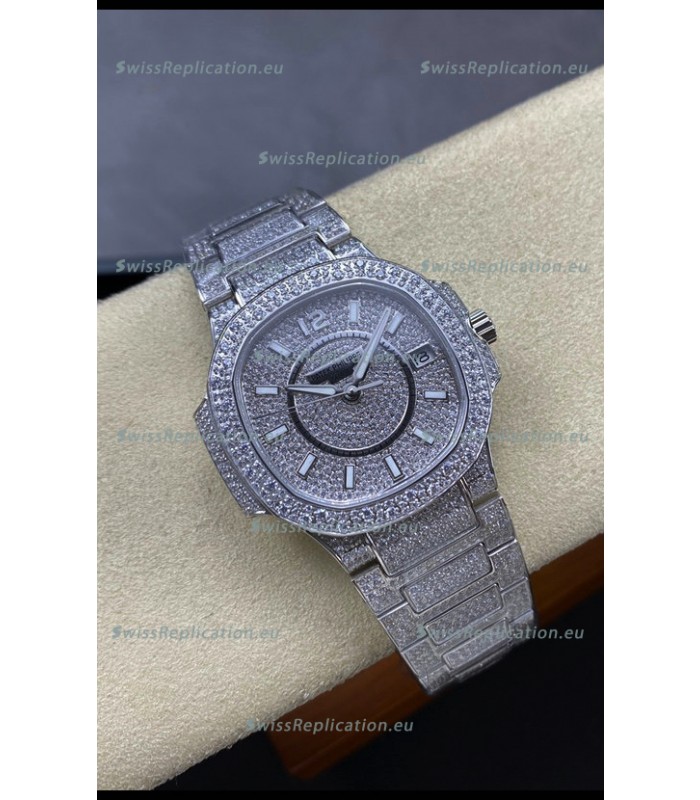 Patek Philippe Nautilus 7010 Diamonds Paved Stainless Steel 32MM 1:1 Mirror Replica - Genuine Diamonds