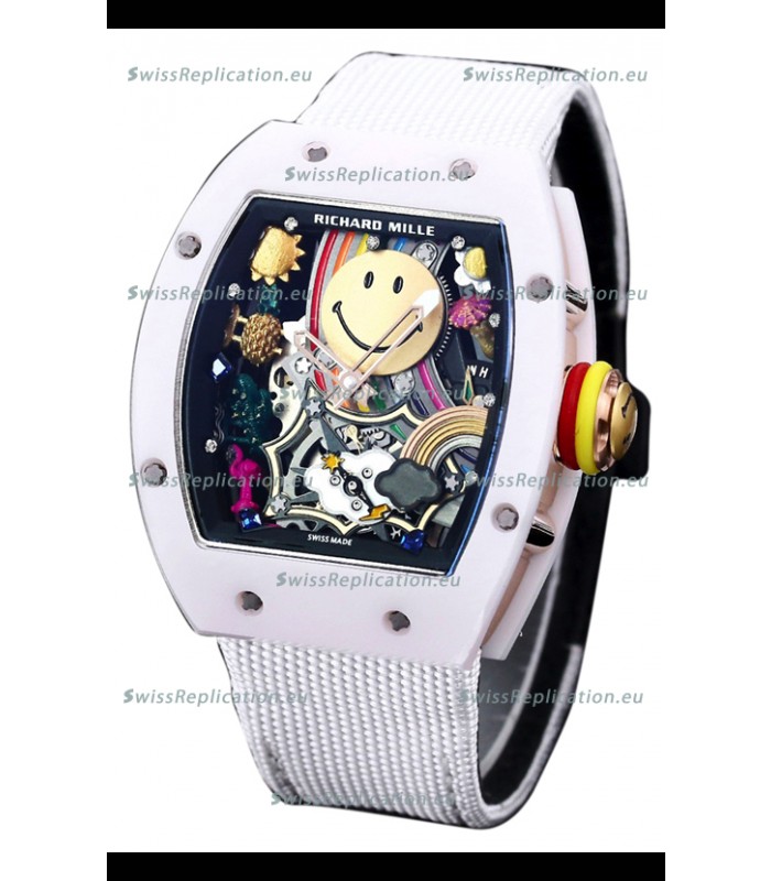 Richard Mille RM088 Smiley Tourbillon White Ceramic Casing Nylon Strap Replica Watch 