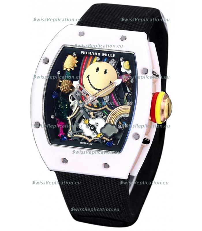 Richard Mille RM088 Smiley Tourbillon White Ceramic Casing Black Nylon Strap Replica Watch 