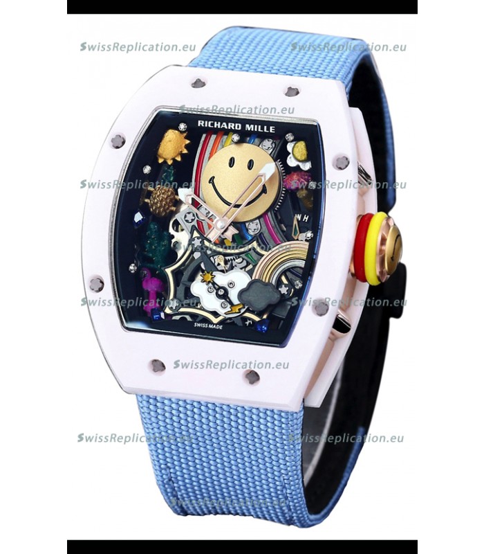 Richard Mille RM088 Smiley Tourbillon White Ceramic Casing Blue Nylon Strap Replica Watch 