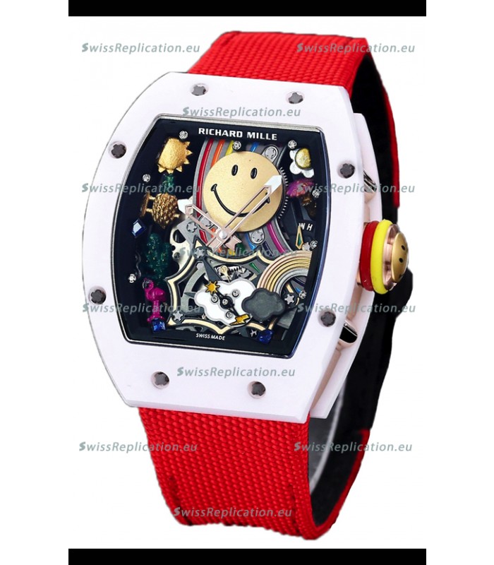 Richard Mille RM088 Smiley Tourbillon White Ceramic Casing Red Nylon Strap Replica Watch 