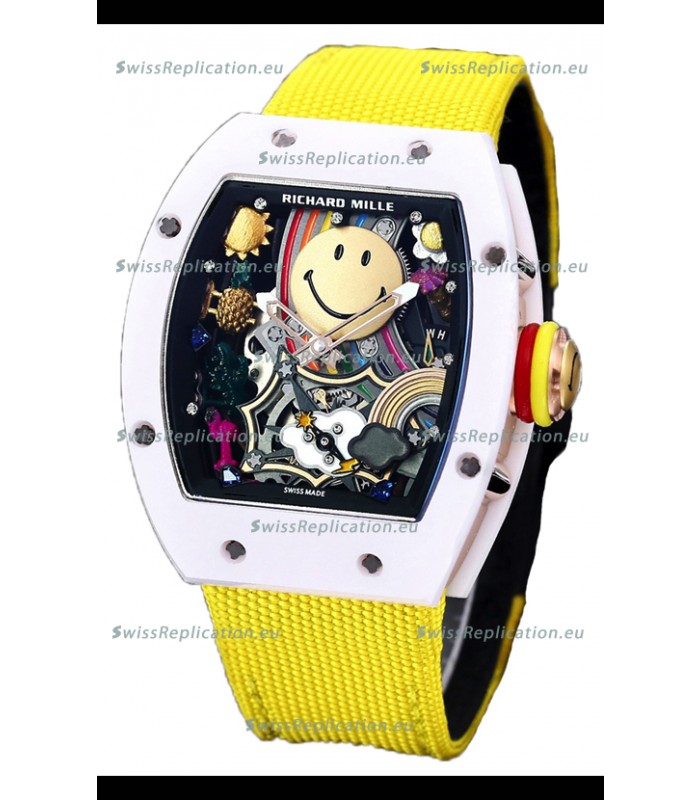 Richard Mille RM088 Smiley Tourbillon White Ceramic Casing Yellow Nylon Strap Replica Watch 