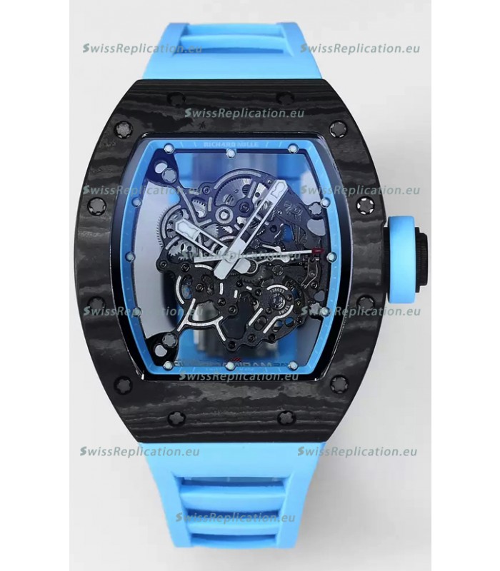 Richard Mille RM055 Black Carbon Casing Blue Rubber 1:1 Superclone Genuine Tourbillon Watch 