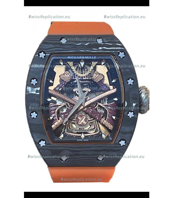 Richard Mille RM047 Samurai Genuine Tourbillon Watch in Carbon Casing Orange Strap