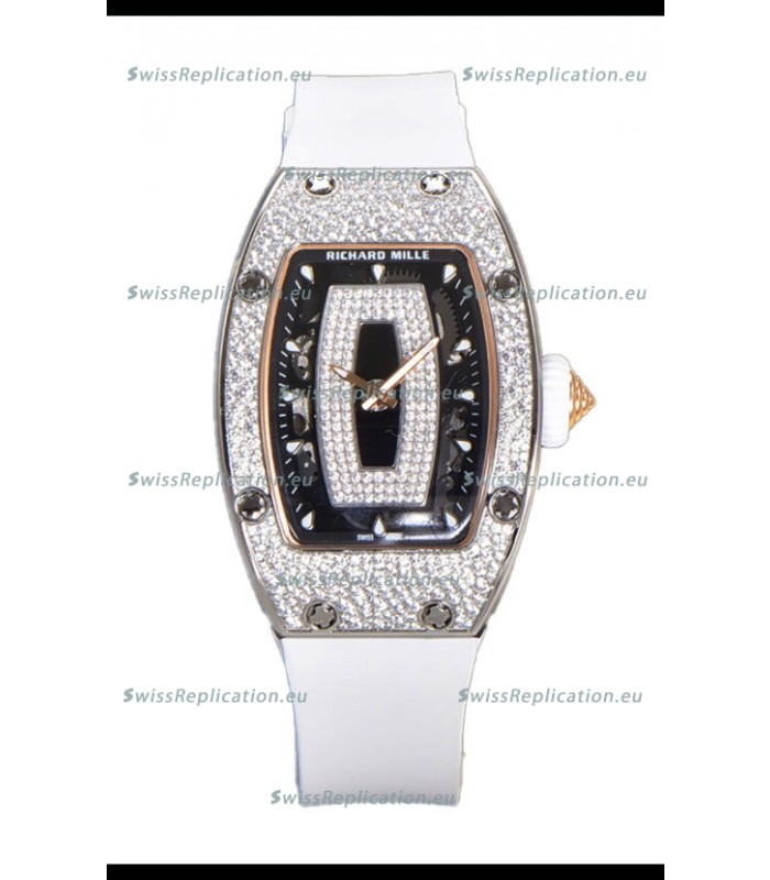 Richard Mille RM007 Diamonds Paved White Strap 904L Steel Superclone Swiss Watch