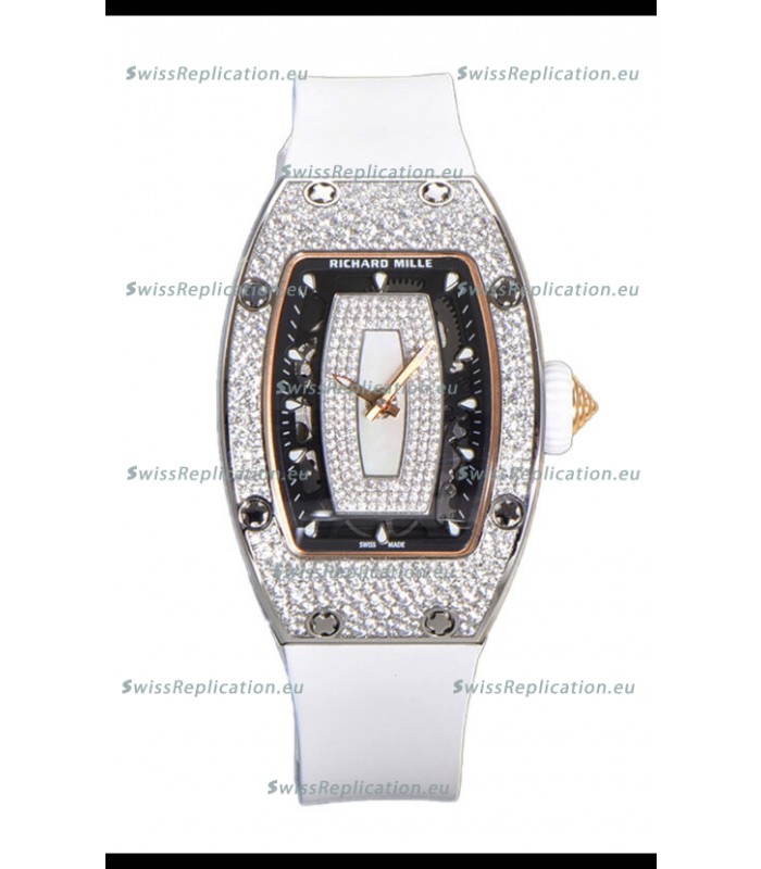 Richard Mille RM007 Diamonds Paved White Strap & Dial 904L Steel Superclone Swiss Watch