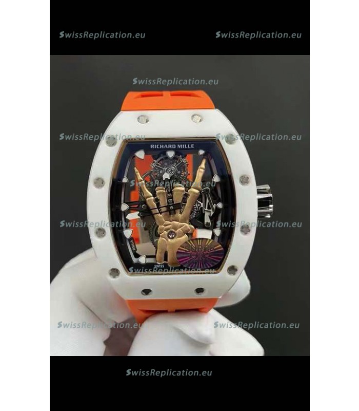 Richard Mille RM66 Flying Genuine Tourbillon White Ceramic Orange Strap Superclone Replica Watch 
