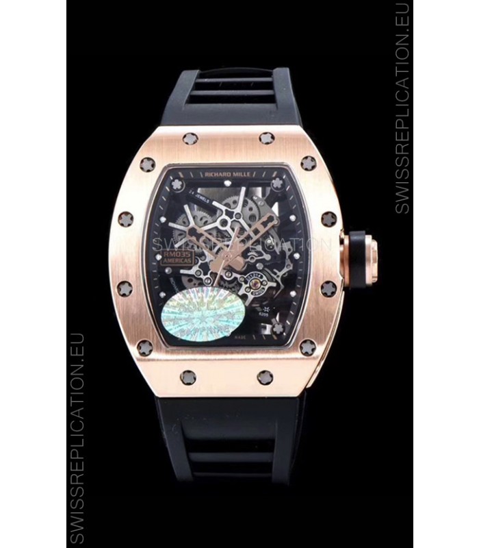 Richard Mille RM035 AMERICAS 18K Rose Gold Replica Watch in Black Strap