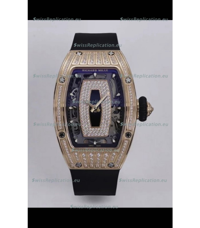 Richard Mille Super Clone RM07-01 Diamonds Paved 904L Rose Gold Casing Automatic Replica Watch