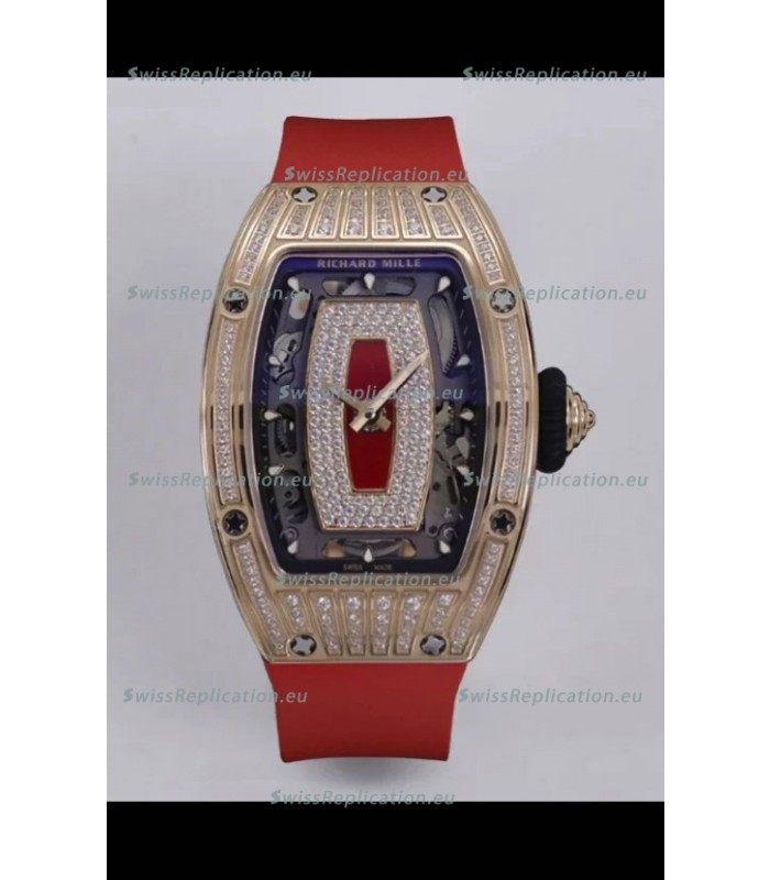 Richard Mille Super Clone RM07-01 Diamonds Paved 904L Rose Gold Casing Automatic Replica Watch