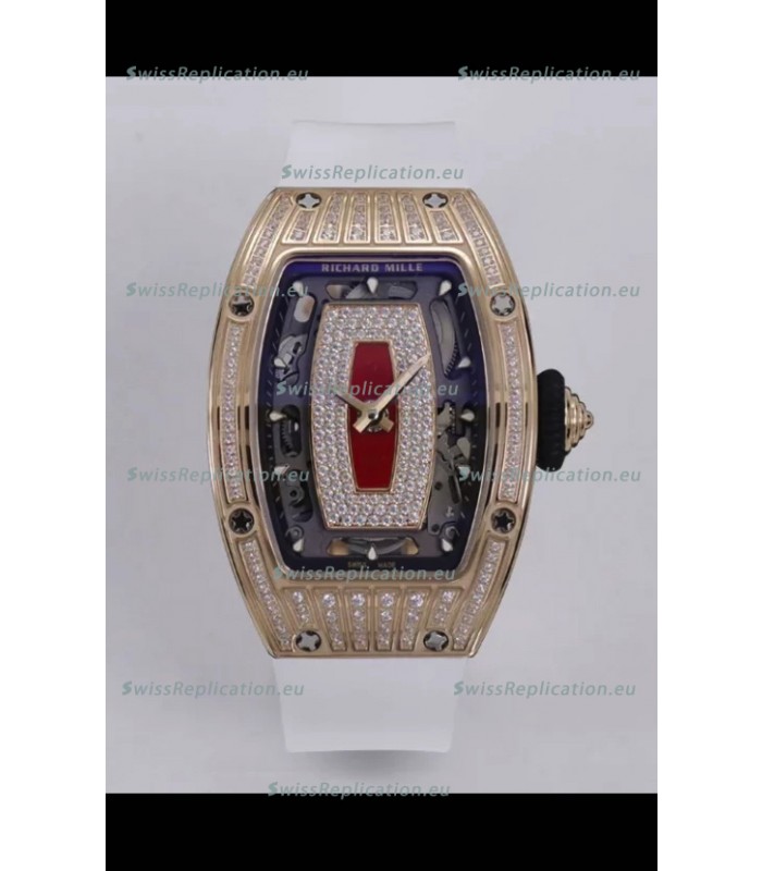 Richard Mille Super Clone RM07-01 Diamonds Paved 904L Rose Gold Casing Automatic Replica Watch